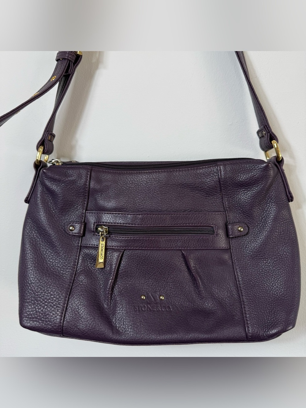 Stone & Co Deep Purple Pebbled Leather Crossbody Bag Shoulder Purse Gold